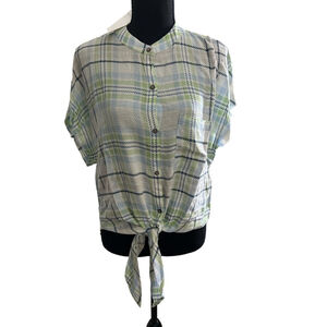 Women's White, Blue, & Green Plaid Shirt w/ Front Tie,  Size M